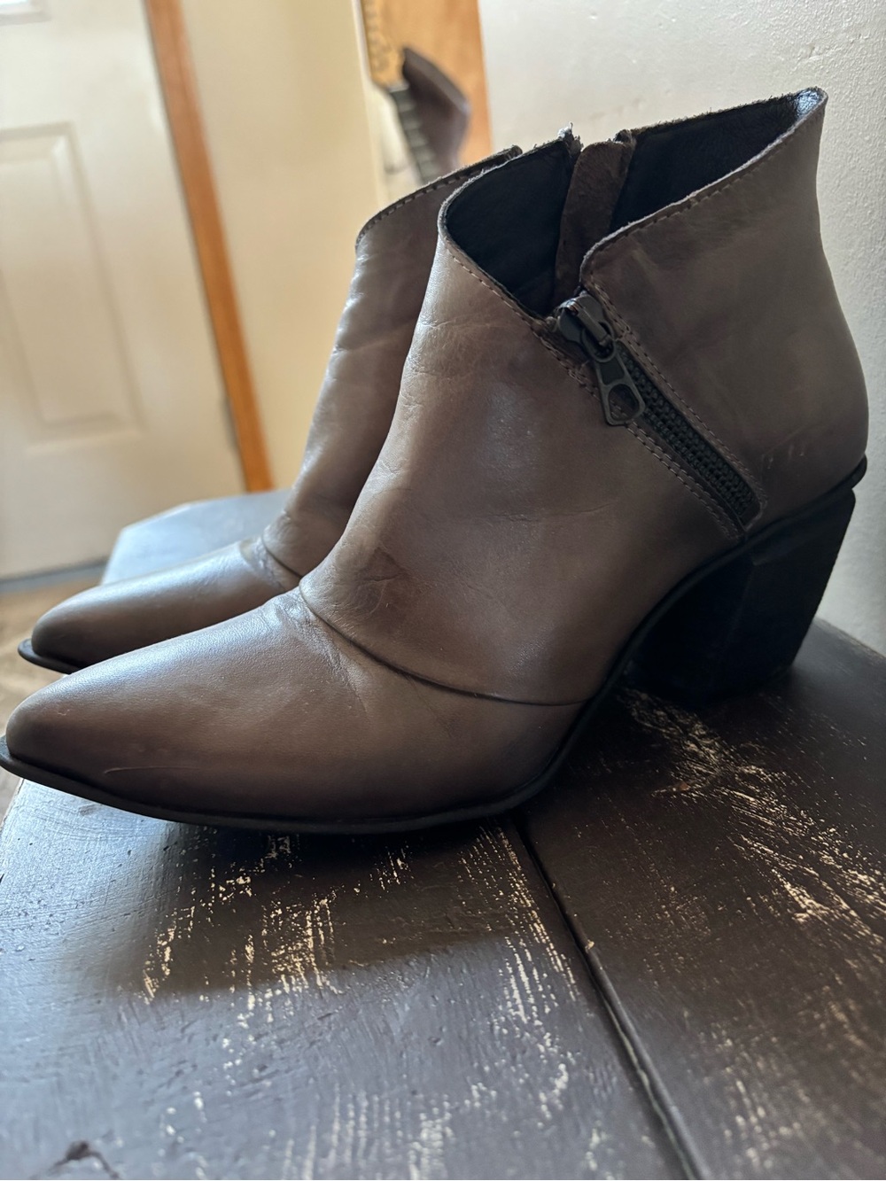 Miz Mooz charcoal Leather Pointed Ankle Booties with Side Zip